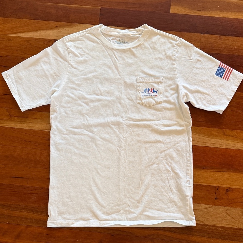 Vineyard Vines White Short Sleeve Pocket Tee with American Flag Patch